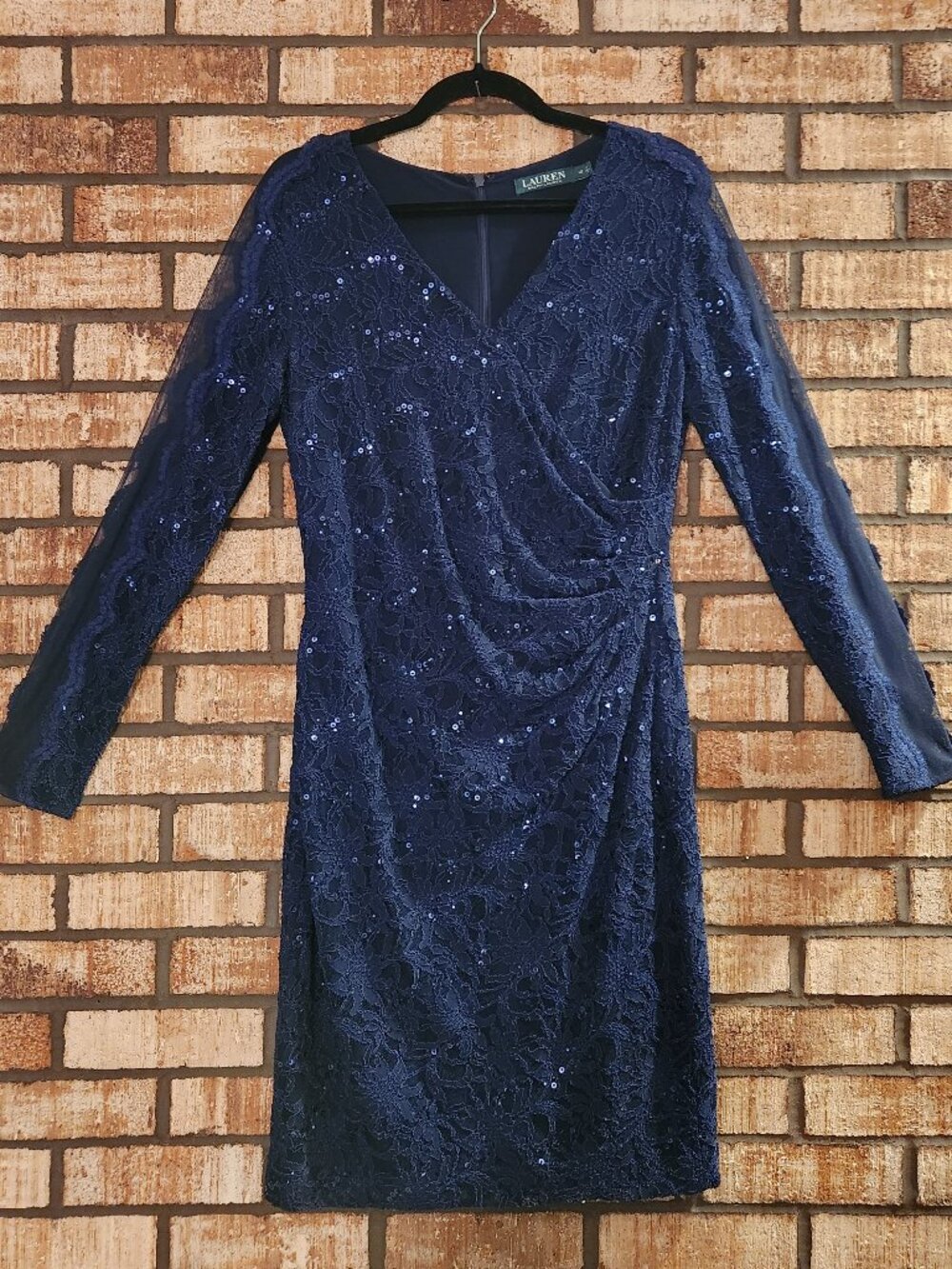 Lauren Ralph Lauren Midi Dress Blue Sequins Illusion Sleeve Size 12